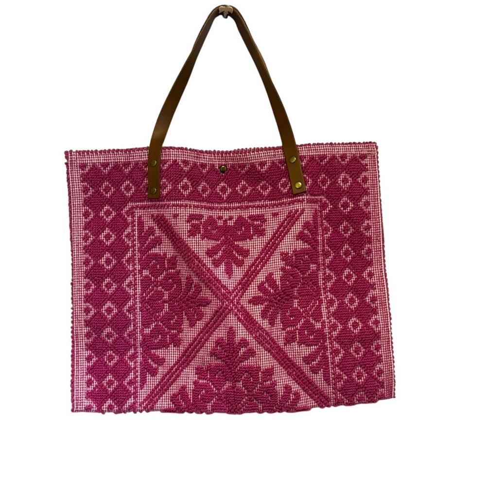 Sardo Art Sardinia Italy Handwoven Pink Cotton Tote Beach Market Bag Leather